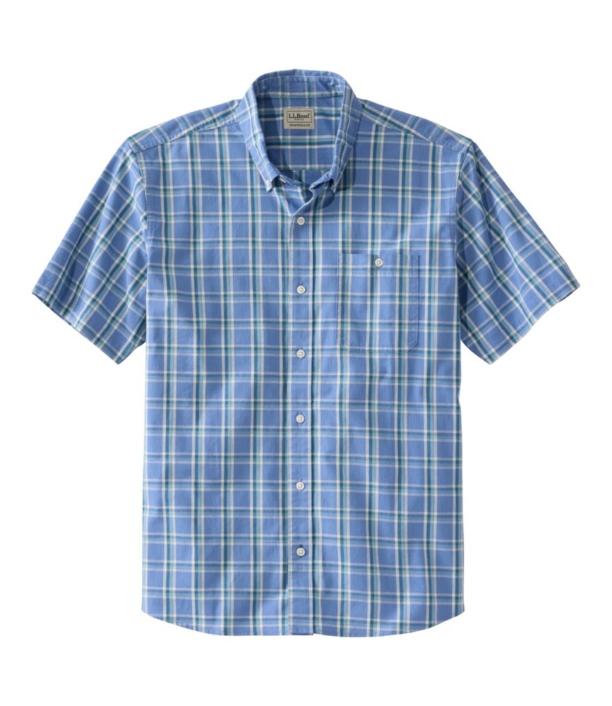 Men's Comfort Stretch® Chambray Shirt, Traditional Untucked Fit, Short-Sleeve, Plaid
