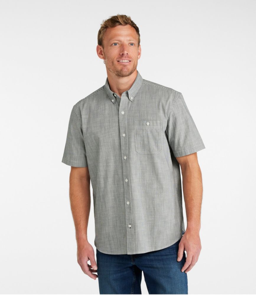 Men's Comfort Stretch Chambray Shirt, Traditional Untucked Fit, Short-Sleeve, Stripe, Classic Navy, small image number 2