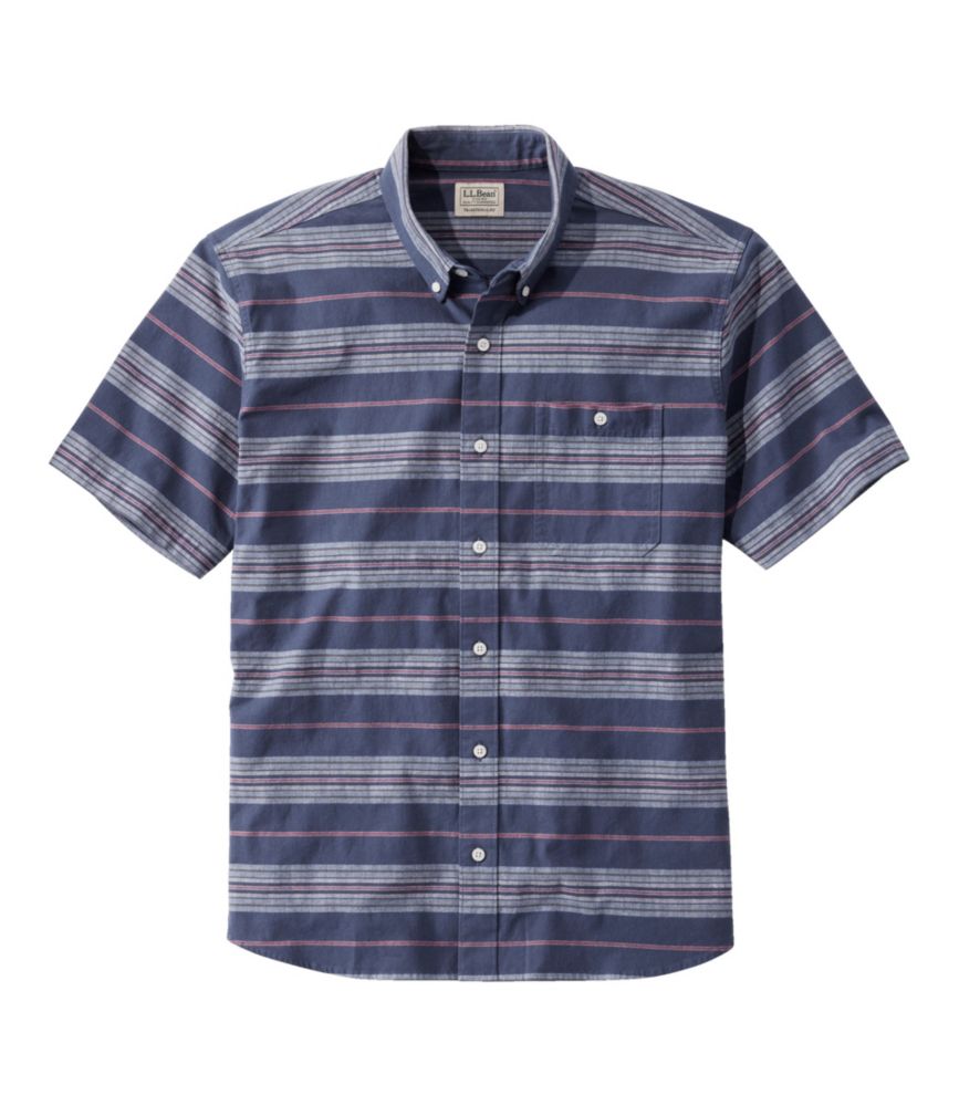 Men's Comfort Stretch Chambray Shirt, Traditional Untucked Fit, Short-Sleeve, Stripe, Dark Indigo, small image number 1