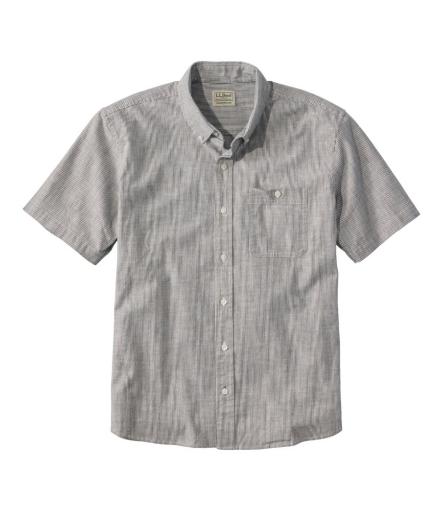 Men's Comfort Stretch Chambray Shirt, Traditional Untucked Fit, Short-Sleeve, Stripe, Classic Navy, small image number 1