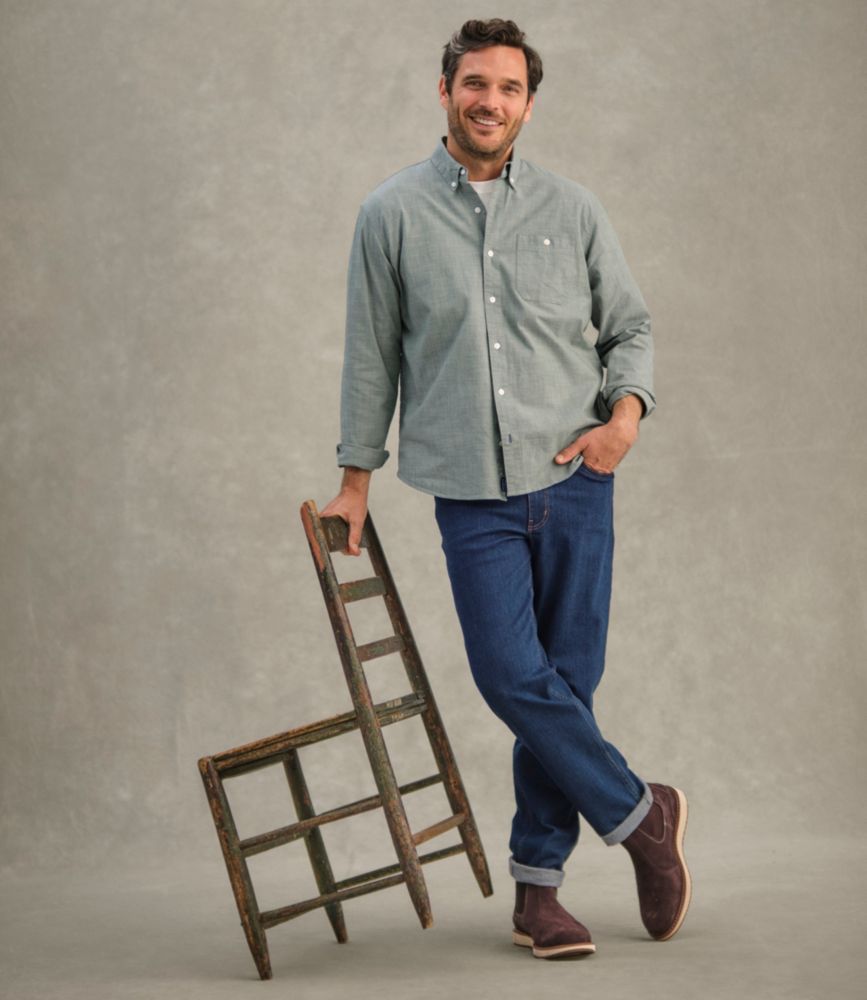 jeans untucked dress shirt MAPICK Mens Stretch Wrinkle Free Button Down Shirt Long Sleeve Business Casual Lightweight Denim Texture : Clothing, Shoes & Jewelry front length is 28 Jeans Men's Untucked Button Down