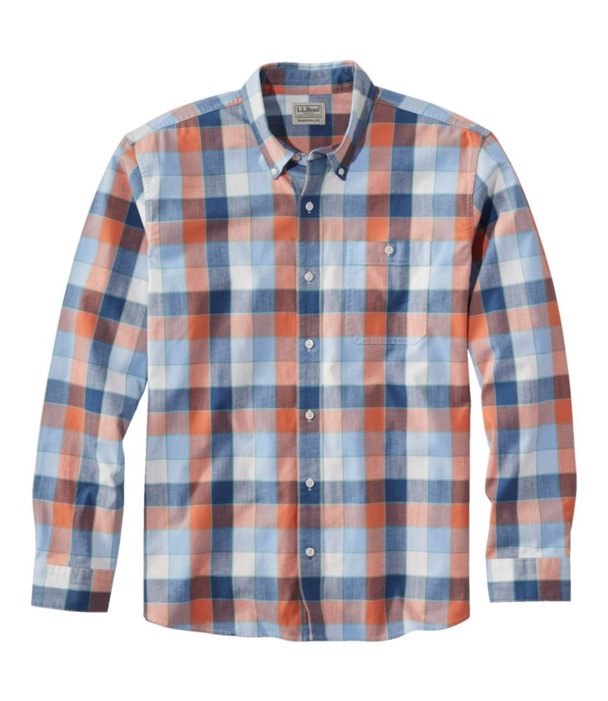 Men's Comfort Stretch Chambray Shirt, Traditional Untucked Fit, Long-Sleeve, Print, Faded Orange, small image number 1