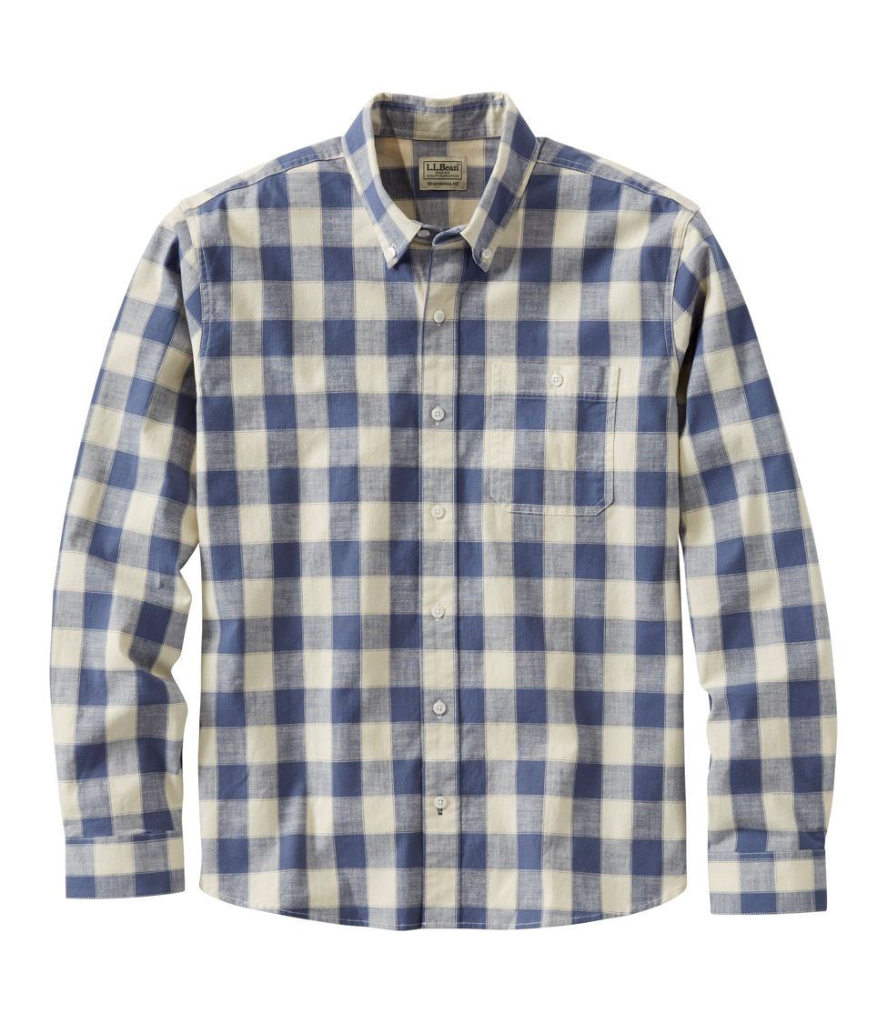 Men's Comfort Stretch Chambray Shirt, Traditional Untucked Fit, Long-Sleeve, Plaid Vintage Indigo Medium, Cotton Blend | L.L.Bean, Regular