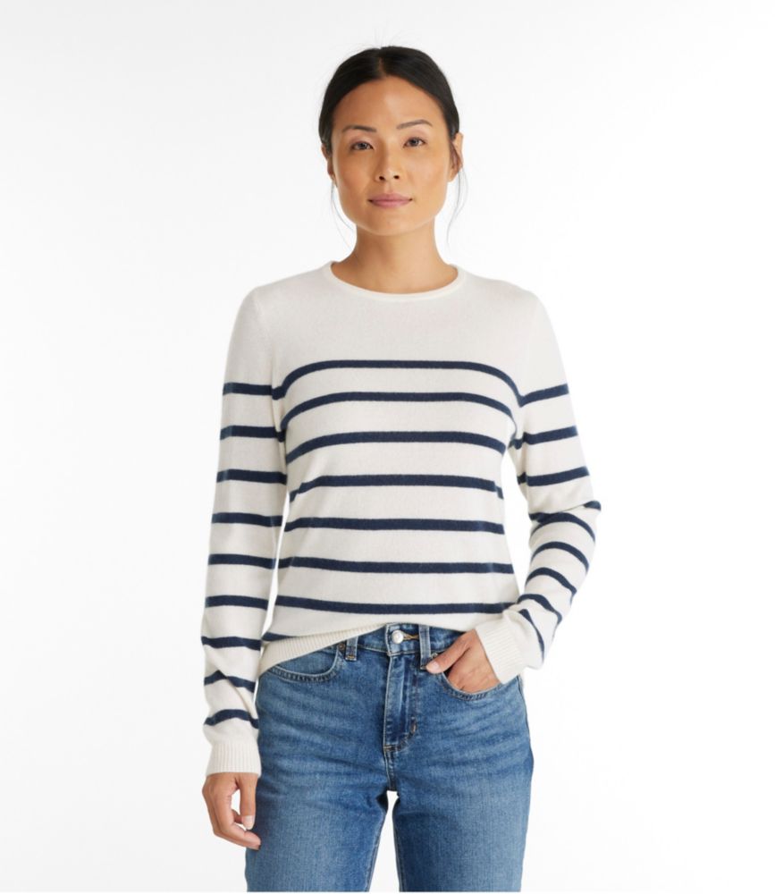 Women's Classic Cashmere Sweater, Crewneck Stripe, Classic Navy/Heather Gray Donegal, small image number 2