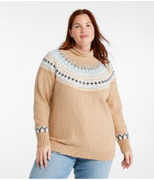 Women's Cotton Ragg Sweater, Funnelneck Pullover Fair Isle