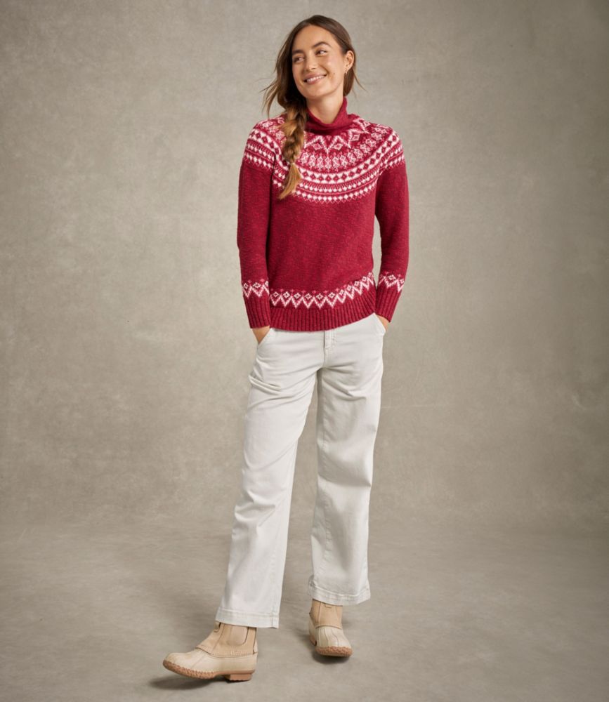 Women's Cotton Ragg Sweater, Funnelneck Pullover Fair Isle