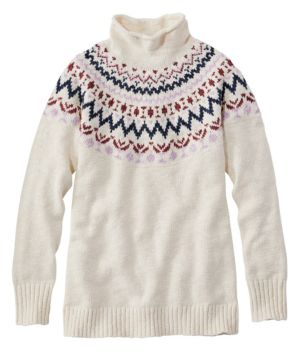 Women's Cotton Ragg Sweater, Funnelneck Pullover Fair Isle