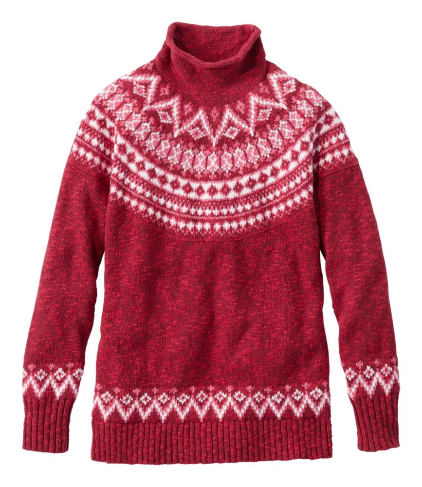 Women's Cotton Ragg Sweater, Funnelneck Pullover Fair Isle