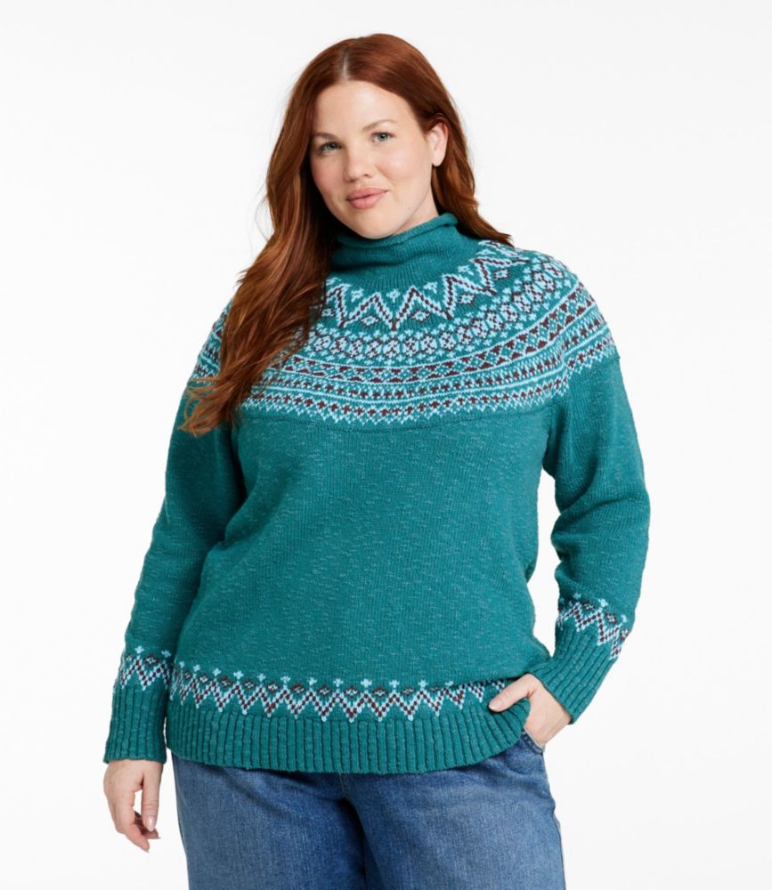 Women's Cotton Ragg Sweater, Funnelneck Pullover Fair Isle