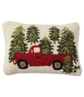 Christmas Wool-Velvet Back-Pillow 12”x18” Vintage Red Truck W/Tree