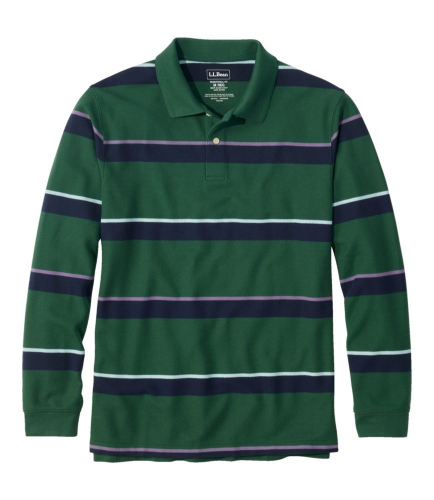 Men's Premium Double L® Polo, Long-Sleeve Without Pocket, Stripe, Deep Green, small image number 1