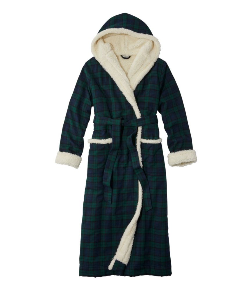 Women's Scotch Plaid Flannel Robe, Sherpa-Lined Long, Black Watch, small image number 1
