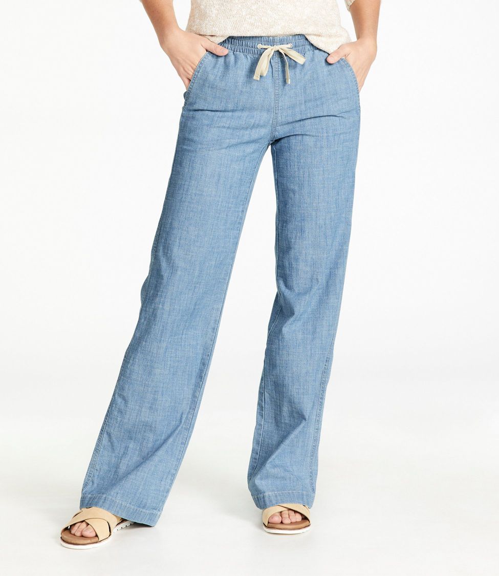 Women's Lakewashed Pull-On Chinos, Mid-Rise Chambray Ankle Pants