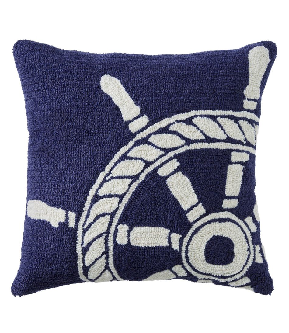 Indoor/Outdoor Hooked Pillow, Ship Wheel