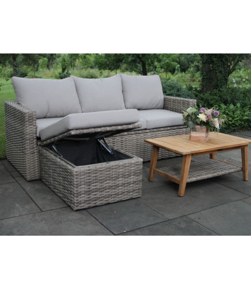 Wicker Storage Sofa and Teak Coffee Table Set