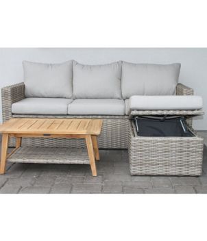 Wicker Storage Sofa and Teak Coffee Table Set