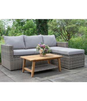 Wicker Storage Sofa and Teak Coffee Table Set