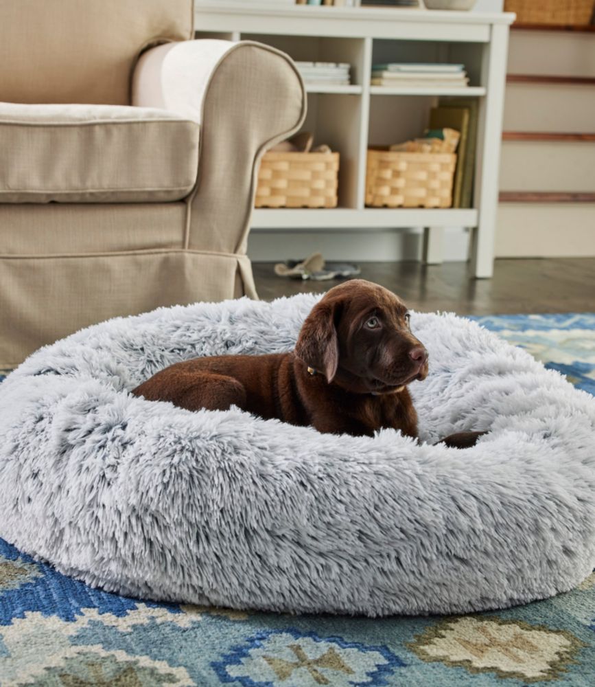 Gray round shag plush dog bed on a patterned rug with a brown puppy lying inside in a living room.