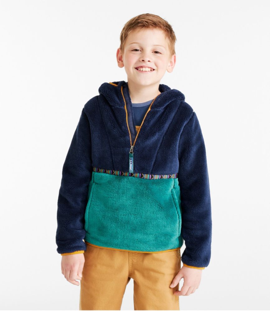 Kids' L.L.Bean Hi-Pile Fleece Hooded Pullover, Colorblock, Bright Navy/Warm Teal, small image number 2