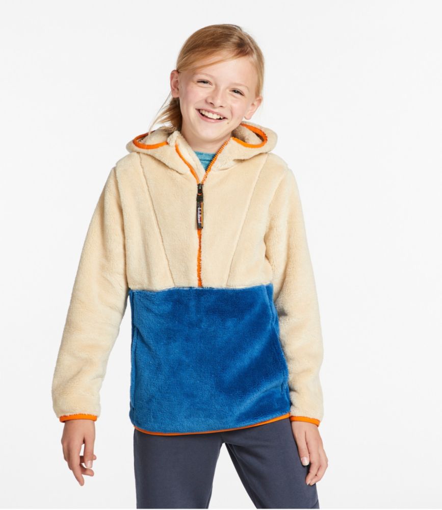 Kids' L.L.Bean Hi-Pile Fleece Hooded Pullover, Colorblock, Bright Navy/Warm Teal, small image number 3