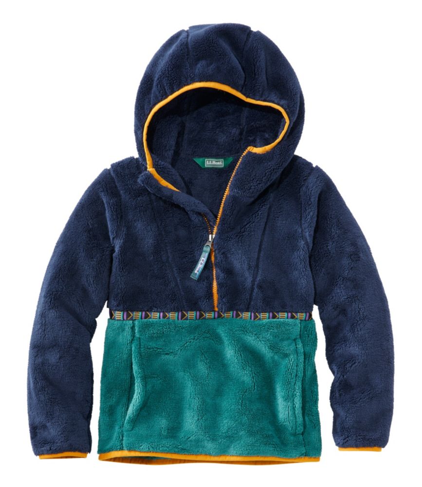 Kids' L.L.Bean Hi-Pile Fleece Hooded Pullover, Colorblock, Bright Navy/Warm Teal, small image number 1