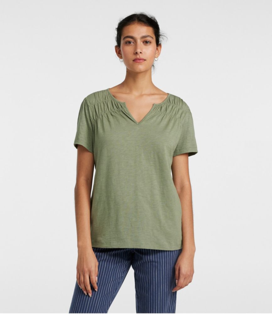 Women's Organic Cotton Tee, Smocked Notch-Neck Short-Sleeve Print