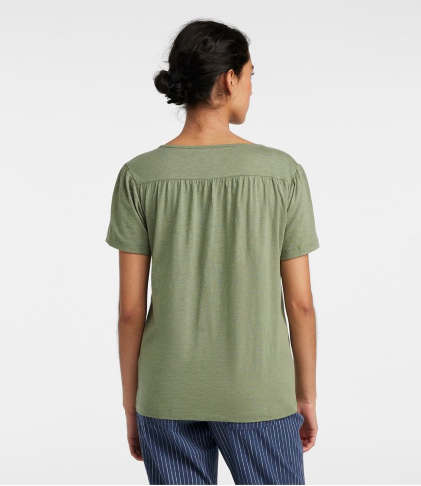 Women's Organic Cotton Tee, Smocked Notch-Neck Short-Sleeve, Bay Leaf, small image number 3