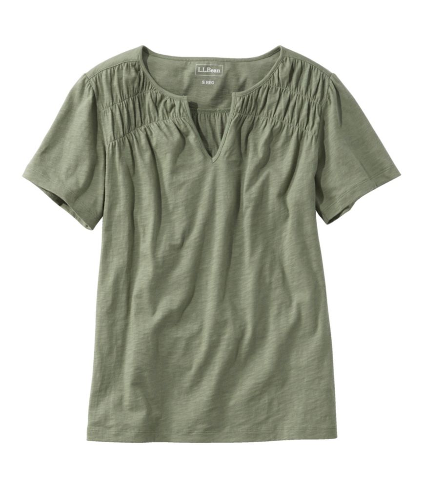 Women's Organic Cotton Tee, Smocked Notch-Neck Short-Sleeve, Bay Leaf, small image number 1