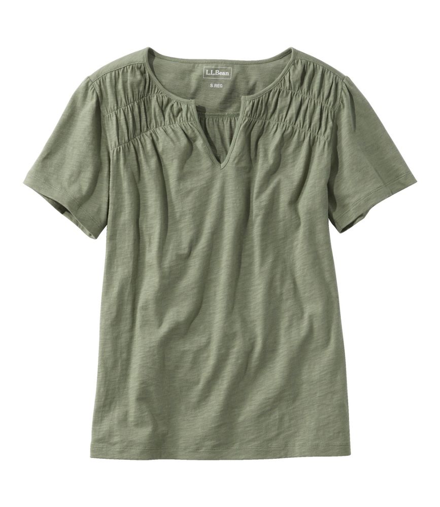 Women's Organic Cotton Tee, Smocked Notch-Neck Short-Sleeve