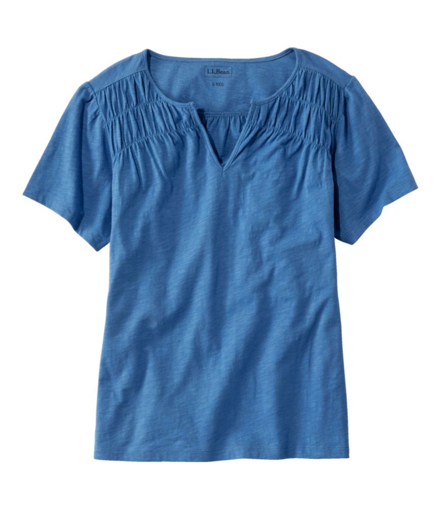 Women's Organic Cotton Tee, Smocked Notch-Neck Short-Sleeve, Rustic Blue, small image number 1
