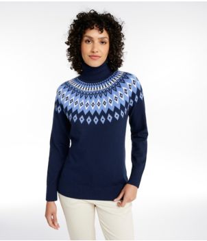 Women's Cotton/Cashmere Sweater, Turtleneck Fair Isle