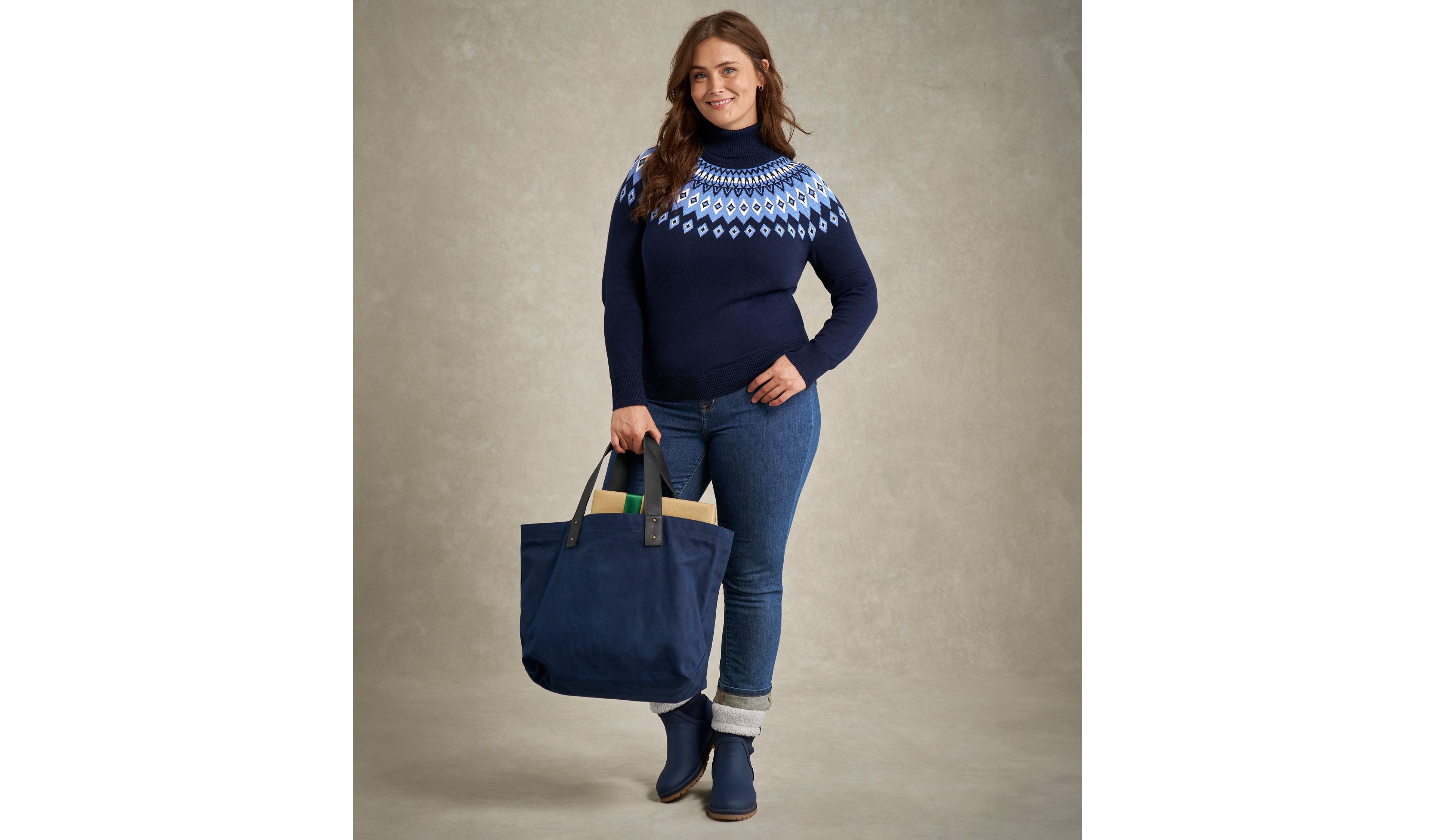 Women's Cotton/Cashmere Sweater, Turtleneck Fair Isle