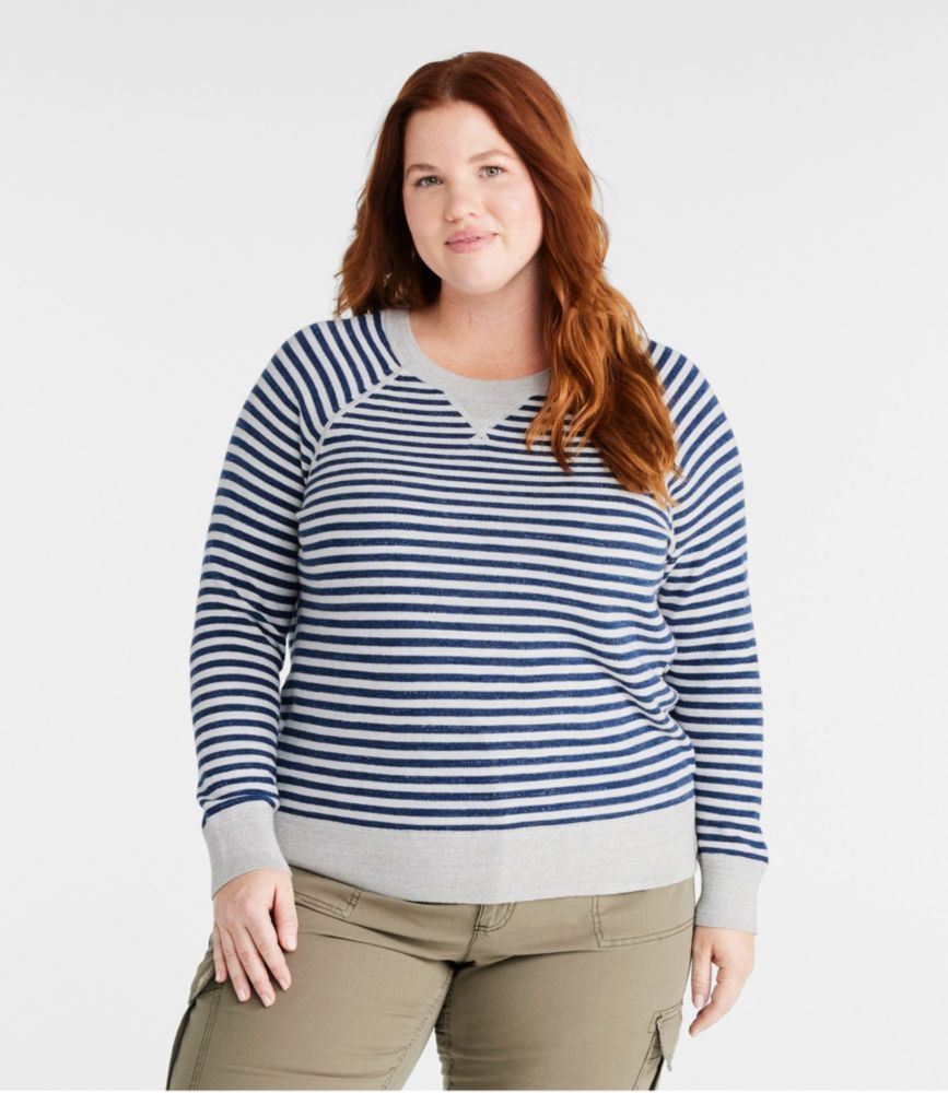 Women's Organic Cotton Slub Sweater, Crewneck Stripe, Light Khaki/Light Heather Grey, small image number 2