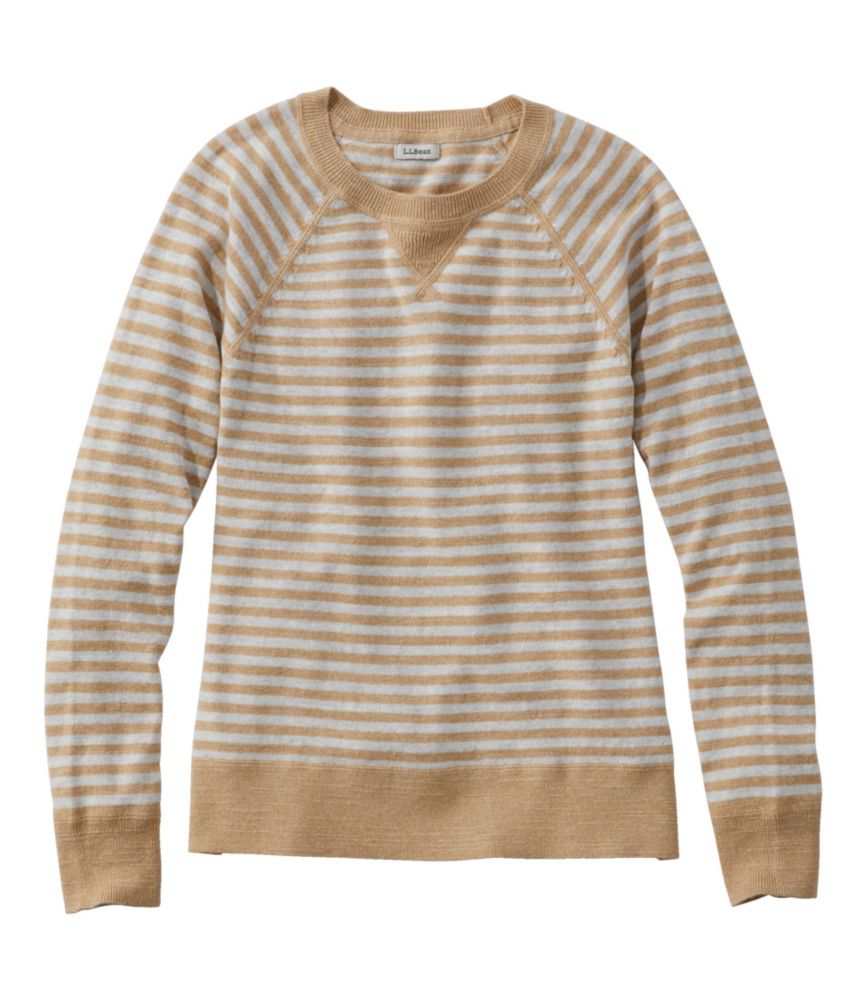 Women's Organic Cotton Slub Sweater, Crewneck Stripe, Light Khaki/Light Heather Grey, small image number 1