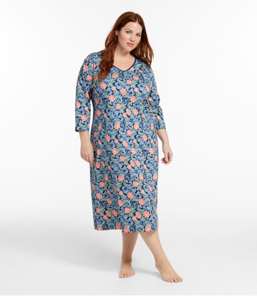 Women's Supima Nightgown, V-Neck Three-Quarter-Sleeve, Print, Mariner Blue Floral, small image number 2