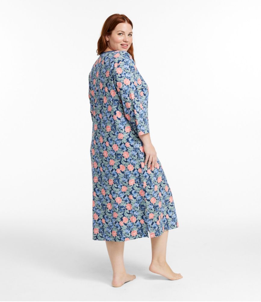Women's Supima Nightgown, V-Neck Three-Quarter-Sleeve, Print, Mariner Blue Floral, small image number 3