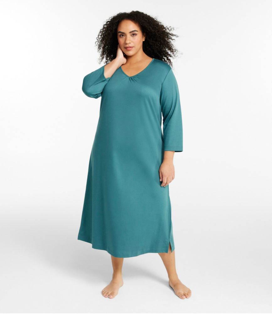 Women's Supima Cotton Nightgown, V-Neck Three-Quarter-Sleeve, Lake, small image number 2
