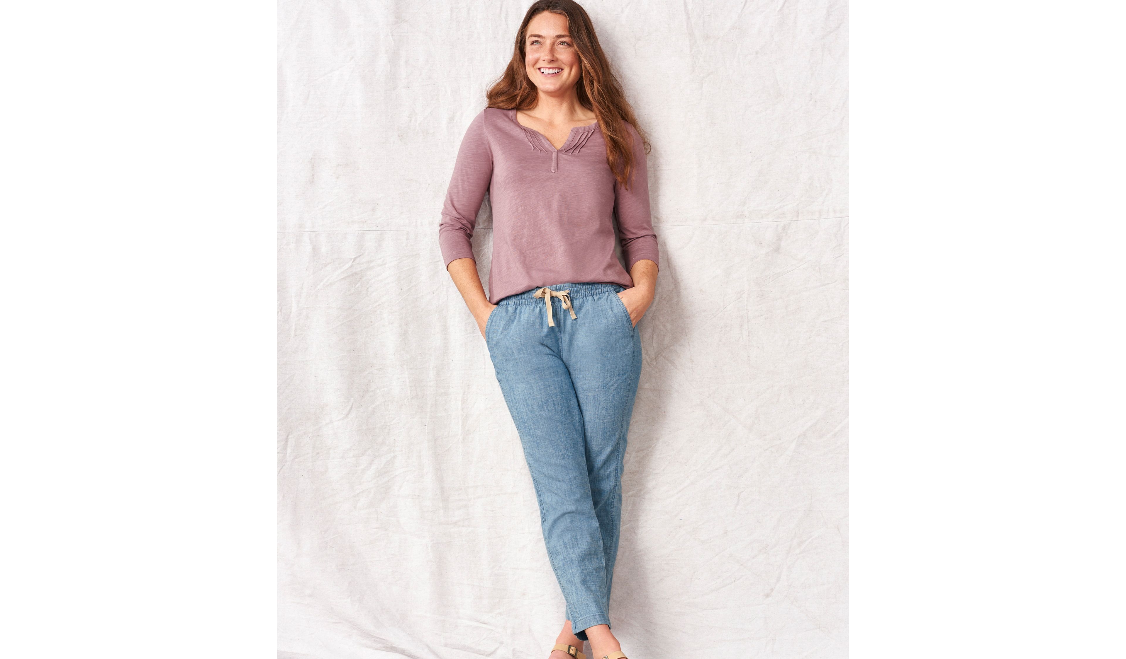 Women's Lakewashed Pull-On Chinos, Mid-Rise Chambray Ankle Pants