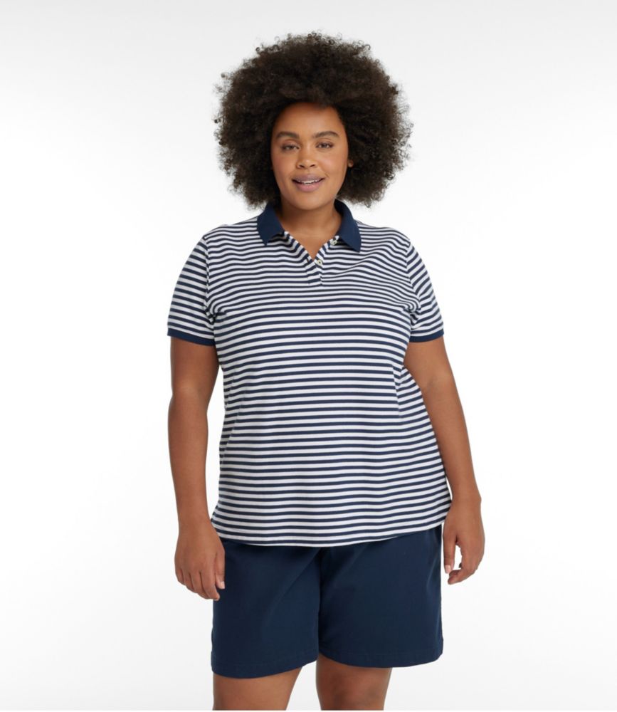 Women's Premium Double L Polo, Short-Sleeve Relaxed Fit Stripe, Navy/White, small image number 2