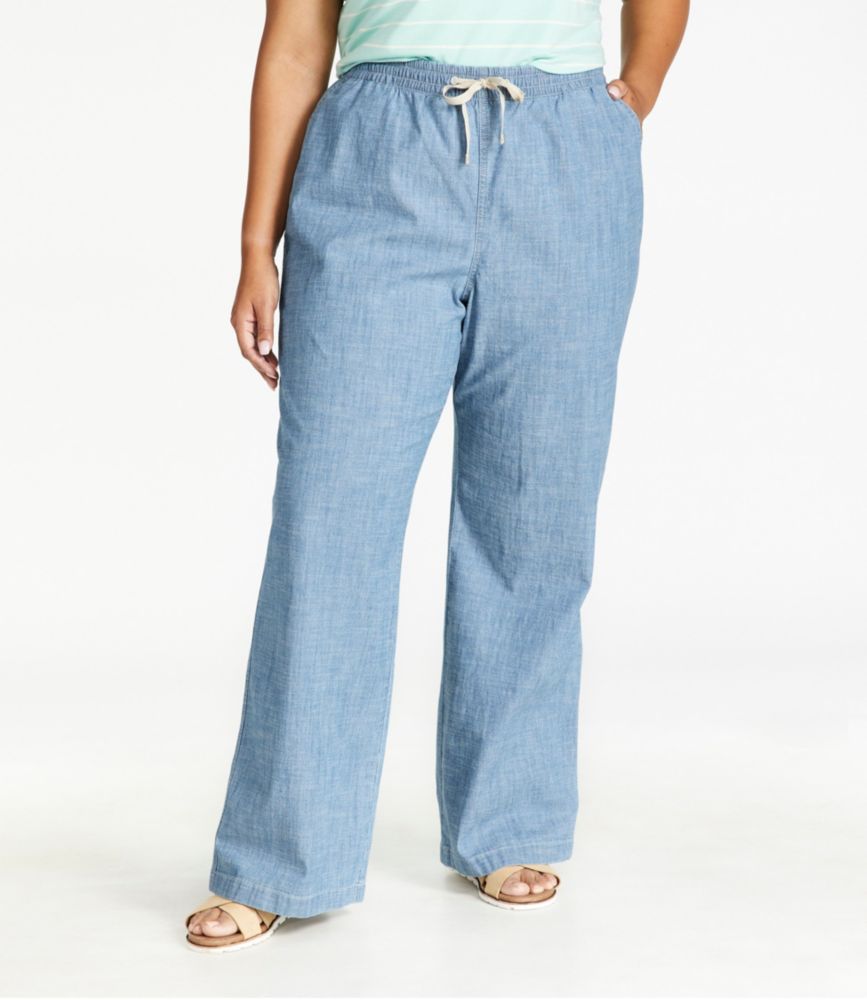 Women's Lakewashed Pull-On Chinos, Mid-Rise Wide-Leg Chambray