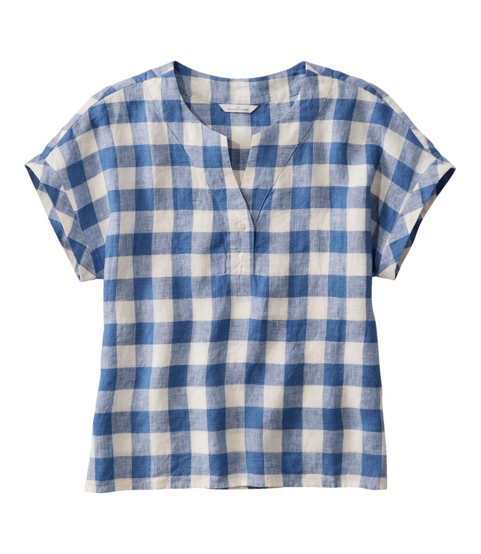 Women's Signature Linen Split-Neck Shirt, Novelty, Short-Sleeve ...
