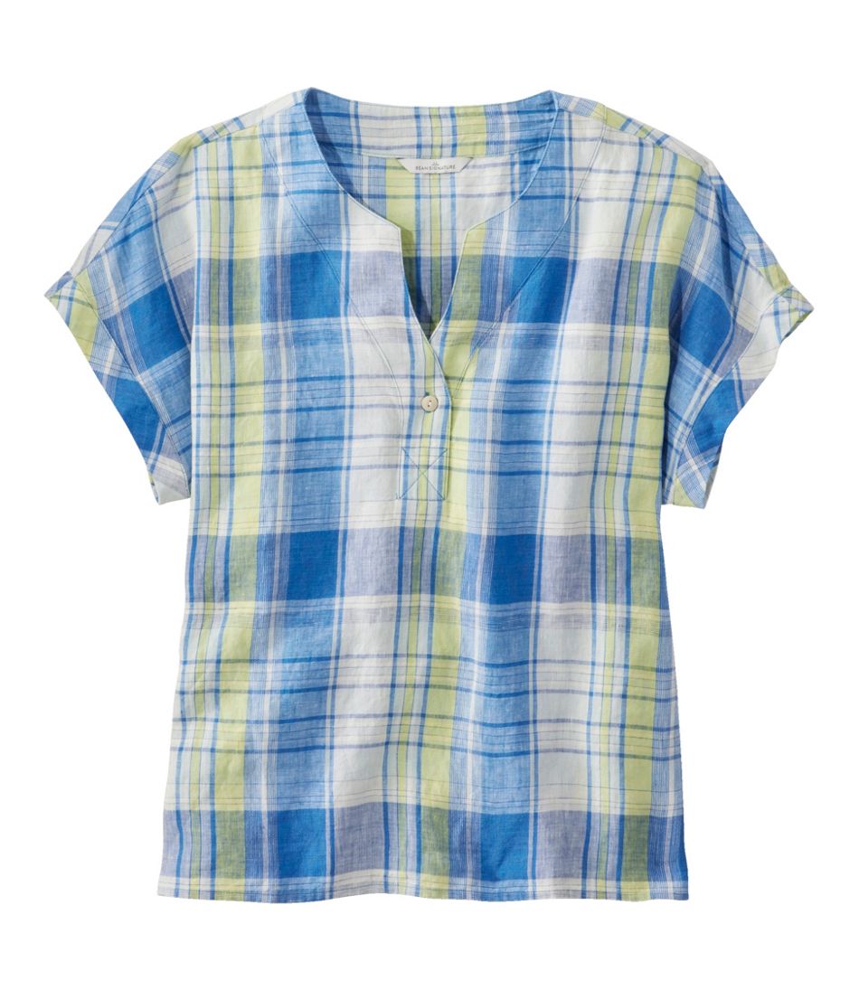Women's Signature Linen Split-Neck Shirt, Novelty, Short-Sleeve