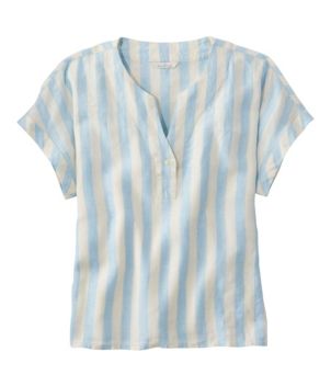 Women's Signature Linen Split-Neck Shirt, Novelty, Short-Sleeve