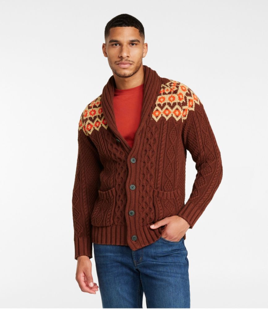 Men's Signature Cotton Fisherman Sweater, Shawl-Collar Cardigan, Fair Isle, , small image number 2