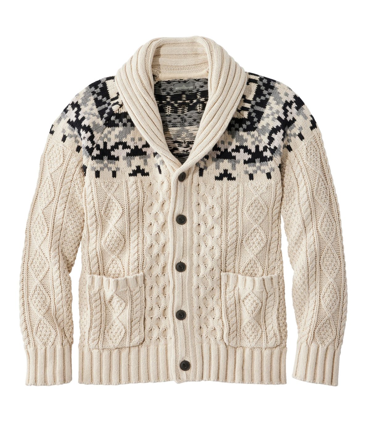 Men's Signature Cotton Fisherman Sweater, Shawl-Collar Cardigan, Fair Isle