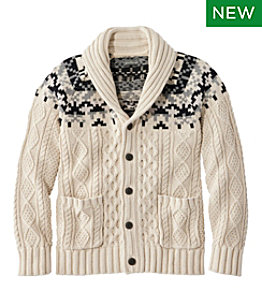 Men's Signature Cotton Fisherman Sweater, Shawl-Collar Cardigan, Fair Isle