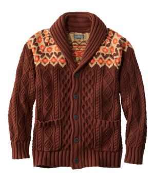 Men's Signature Cotton Fisherman Sweater, Shawl-Collar Cardigan, Fair Isle