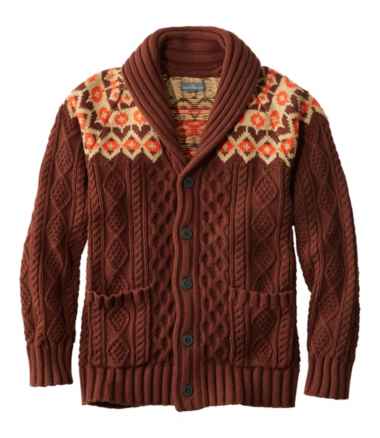 Men's Signature Cotton Fisherman Sweater, Shawl-Collar Cardigan, Fair Isle