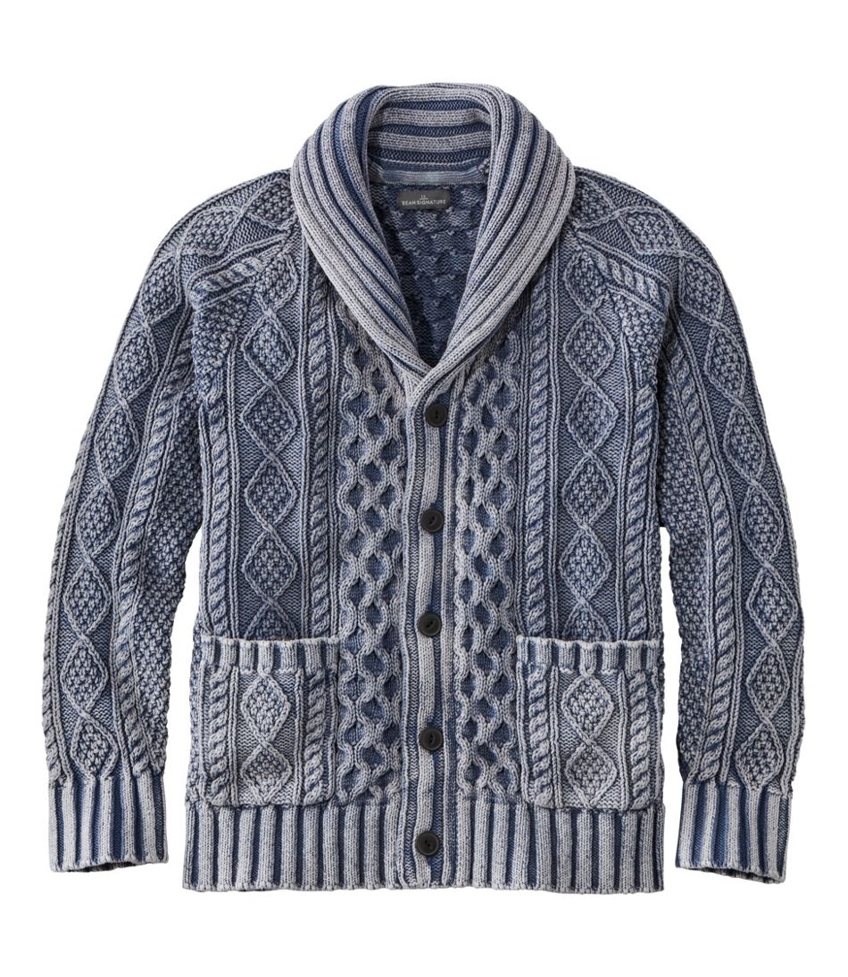 Men's Signature Cotton Fisherman Sweater, Shawl-Collar Cardigan, Washed ...