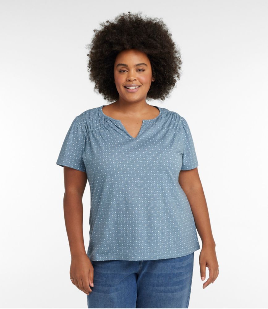 Women's Organic Cotton Tee, Smocked NotchNeck ShortSleeve Print